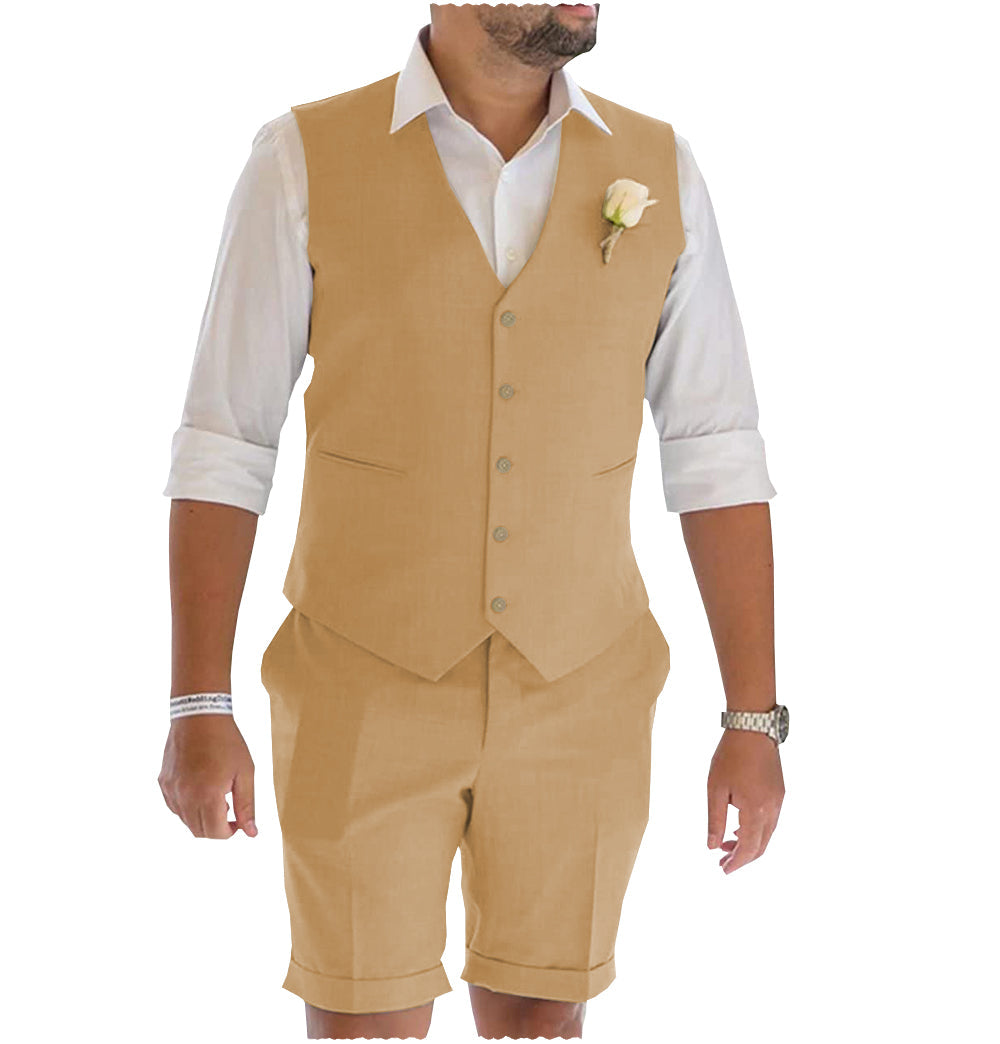Casual 2 Piece Men's Suit Flat Linen V Neck Tuxedos (Blazer+Shorts) mens event wear