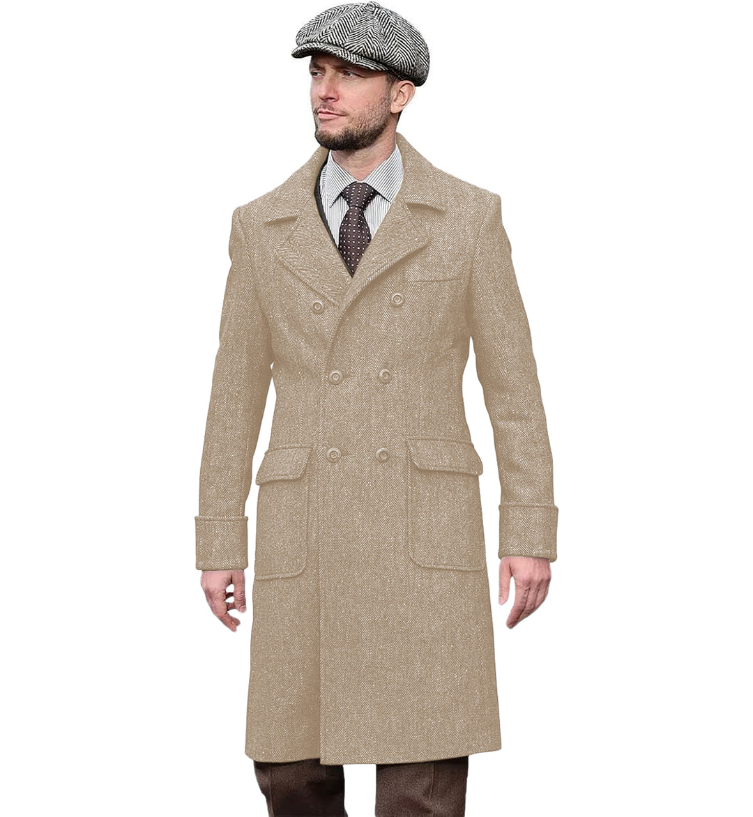 Casual Trench Coat Men Double Breasted Notch Collar Tweed Herringbone Coat Winter Wedding mens event wear