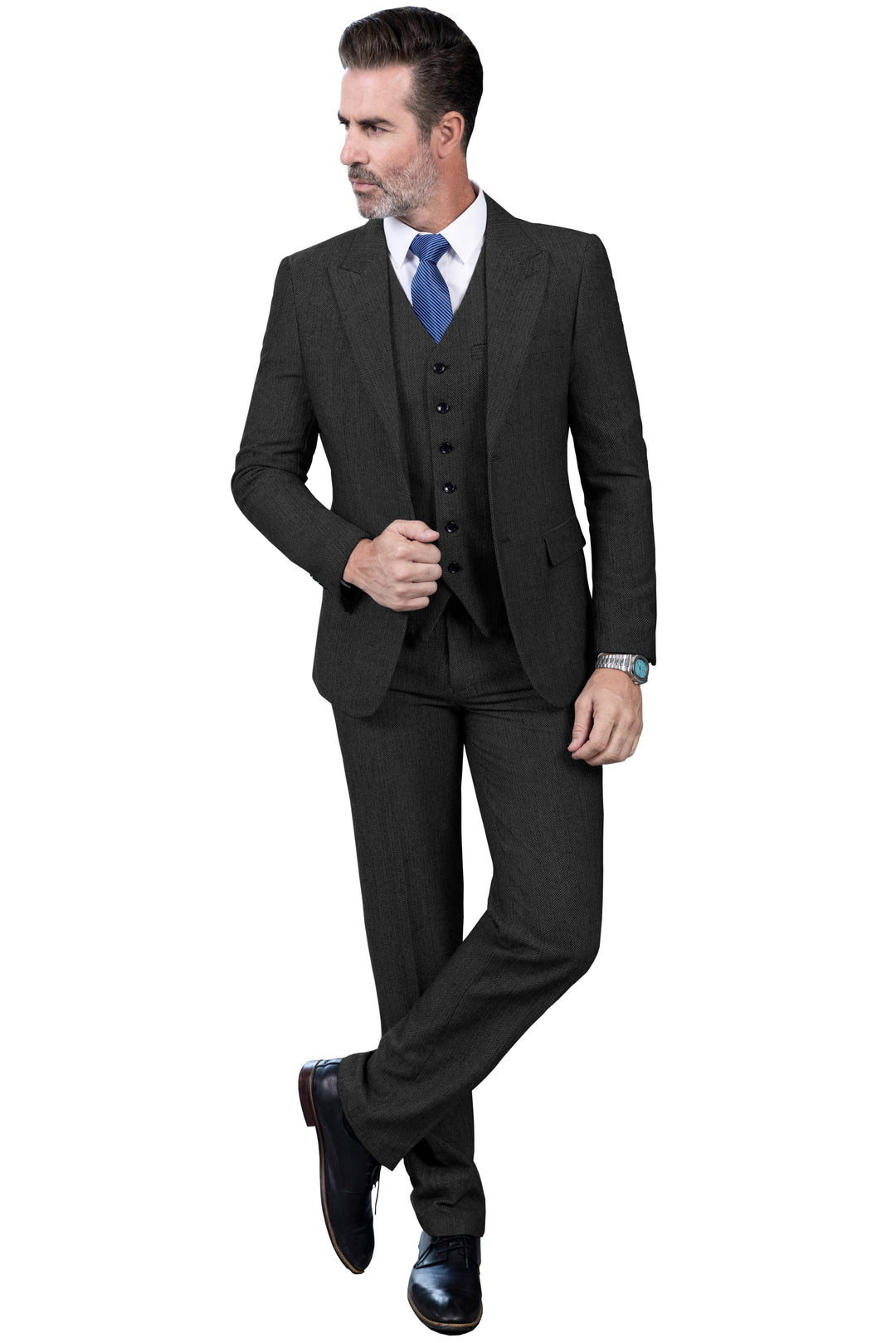 Classic 3 Pieces Mens Suit Herringbone Tweed Peak Lapel Tuxedos (Blazer+vest+Pants) mens event wear