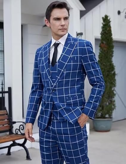 Formal Mens Suit 3 Pieces Business Plaid Solid Peak Lapel Tuxedos (Blazer+Vest+Pants) Adam Reed