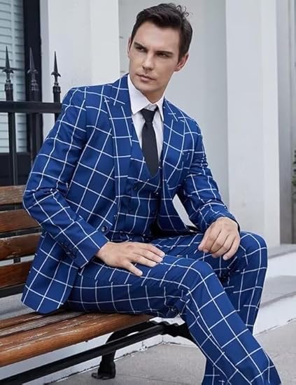 Formal Mens Suit 3 Pieces Business Plaid Solid Peak Lapel Tuxedos (Blazer+Vest+Pants) Adam Reed