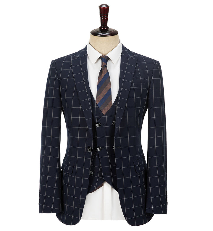 Formal Mens Suit 3 Pieces Business Plaid Solid Peak Lapel Tuxedos (Blazer+Vest+Pants) Adam Reed