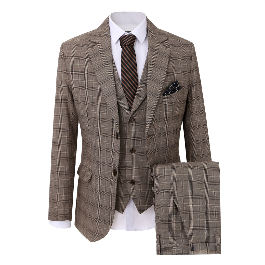 Men's 3 Pieces Formal Plaid Notch Lapel Suit (Blazer+Vest+Pants) mens event wear