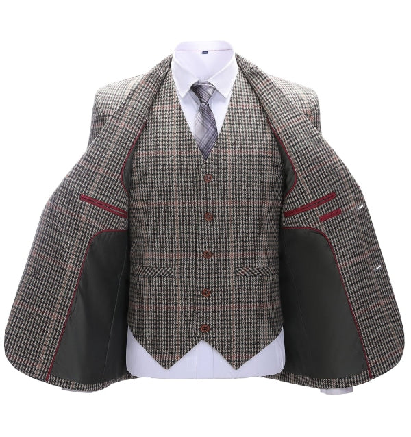 Men's Business 3 Pieces Formal Khaki Plaid Tweed Notch Lapel Suit (Blazer+vest+Pants) Adam Reed