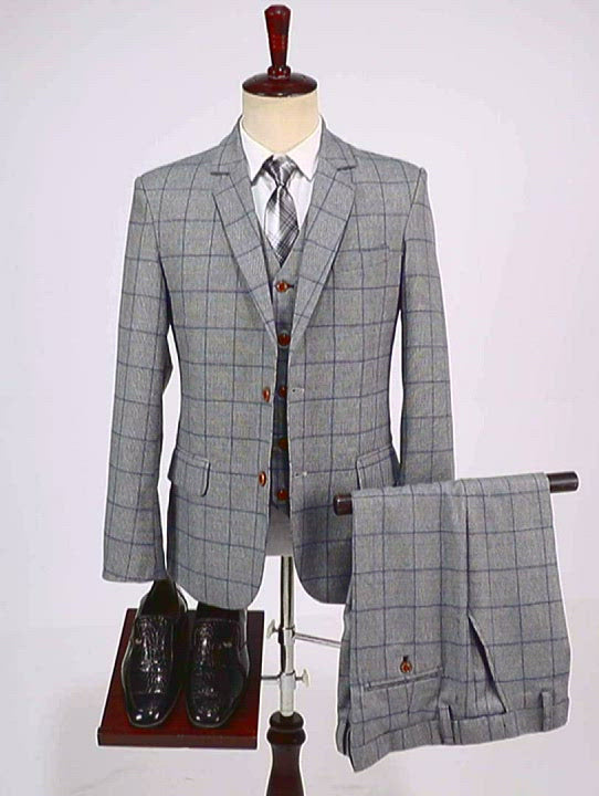 Herrengeschäft 3 Stück formelle graue Plaid Solid Notch Revers Anzug (Blazer+Weste+Hosen)
