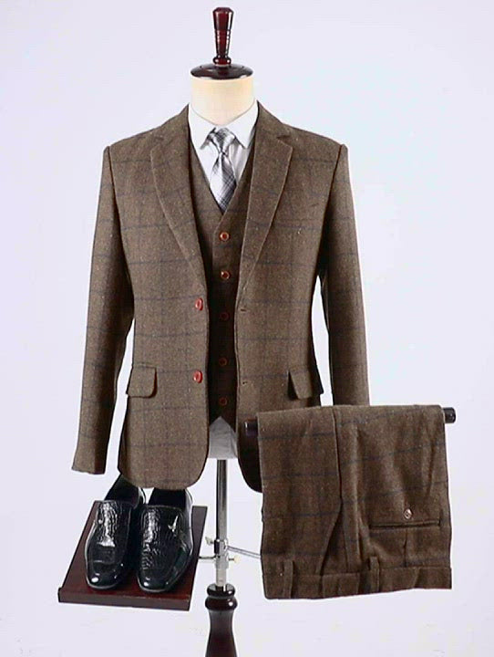 Herren formelle 3 Stücke Business Coffee Tweed Plaid Kerbe Anzug (Blazer+Weste+Hose)