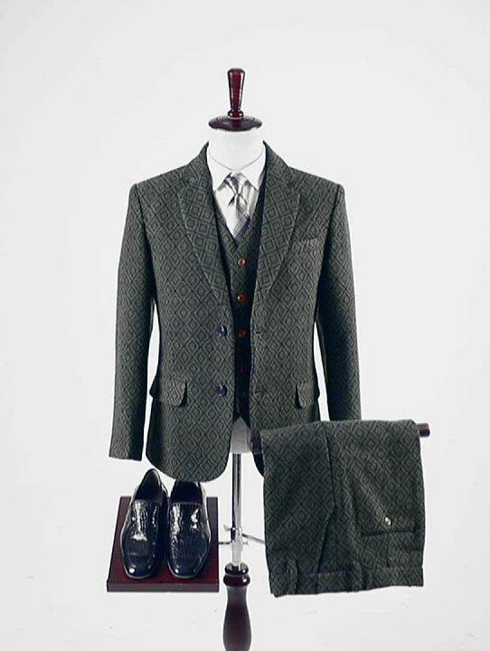 Business pour hommes 3 pièces formelles à craintes noires en tweed (blazer + gilet + pantalon)