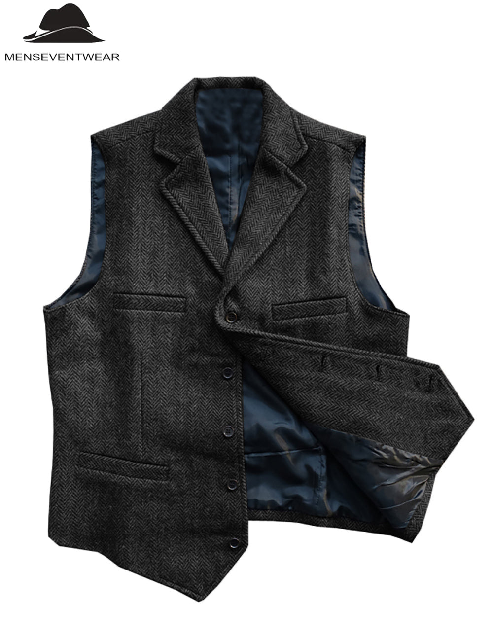 Casual Men's Classic Slim Fit Tweed Herringbone Notch Lapel Waistcoat Adam Reed