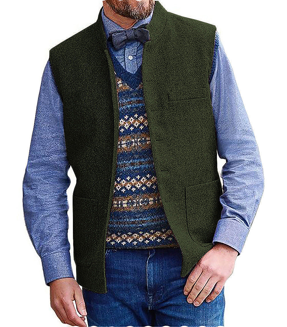 Casual Men's Slim Fit herringbone Stand Collar Waistcoat mens event wear