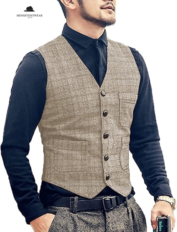 Casual Men's Slim Fit Plaid Tweed V Neck Waistcoat menseventwear