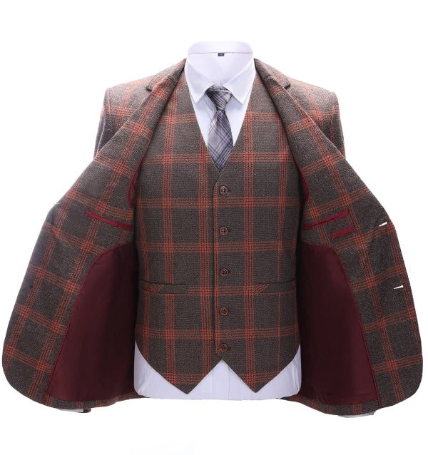 Men's Business 3 Pieces Formal Burgundy Plaid Tweed Notch Lapel Suit (Blazer+vest+Pants) Adam Reed