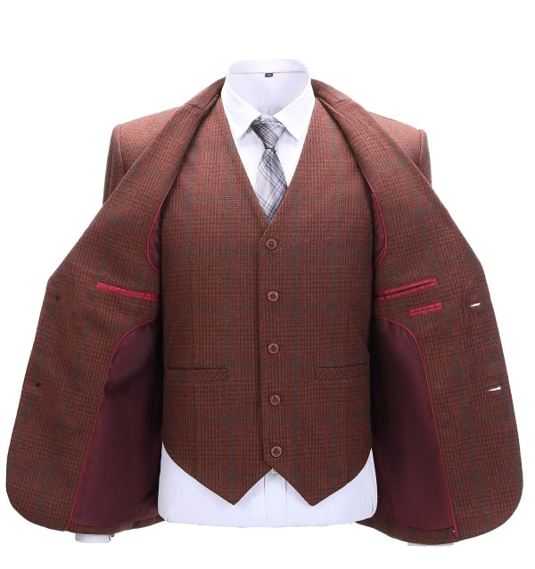 Men's Business 3 Pieces Formal Burgundy Plaid Tweed Notch Lapel Suit (Blazer+vest+Pants) Adam Reed