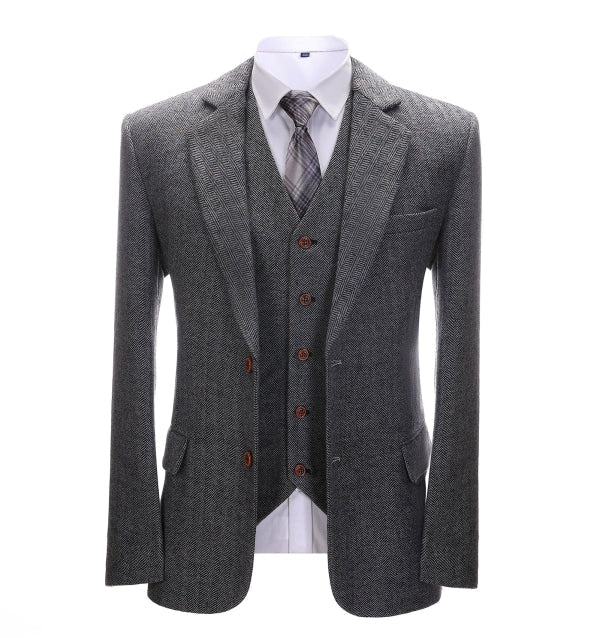 Men's Business 3 Pieces Formal Dark Grey Herringbone Notch Lapel Suit (Blazer+vest+Pants) Adam Reed