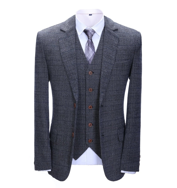 Men's Business 3 Pieces Formal Dark Grey Tweed Notch Lapel Suit (Blazer+vest+Pants) Adam Reed