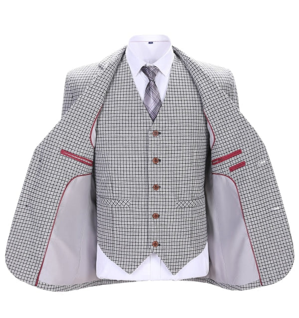 Men's Business 3 Pieces Formal Houndstooth Solid Notch Lapel Suit (Blazer+vest+Pants) Adam Reed