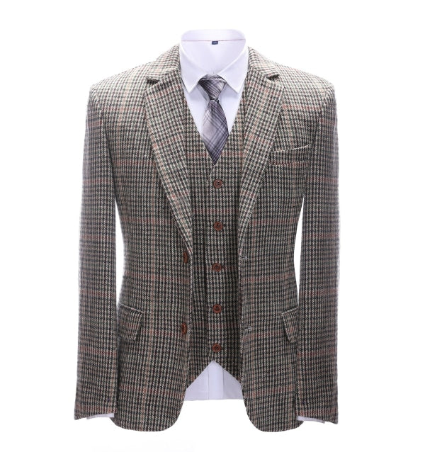 Men's Business 3 Pieces Formal Khaki Plaid Tweed Notch Lapel Suit (Blazer+vest+Pants) Adam Reed