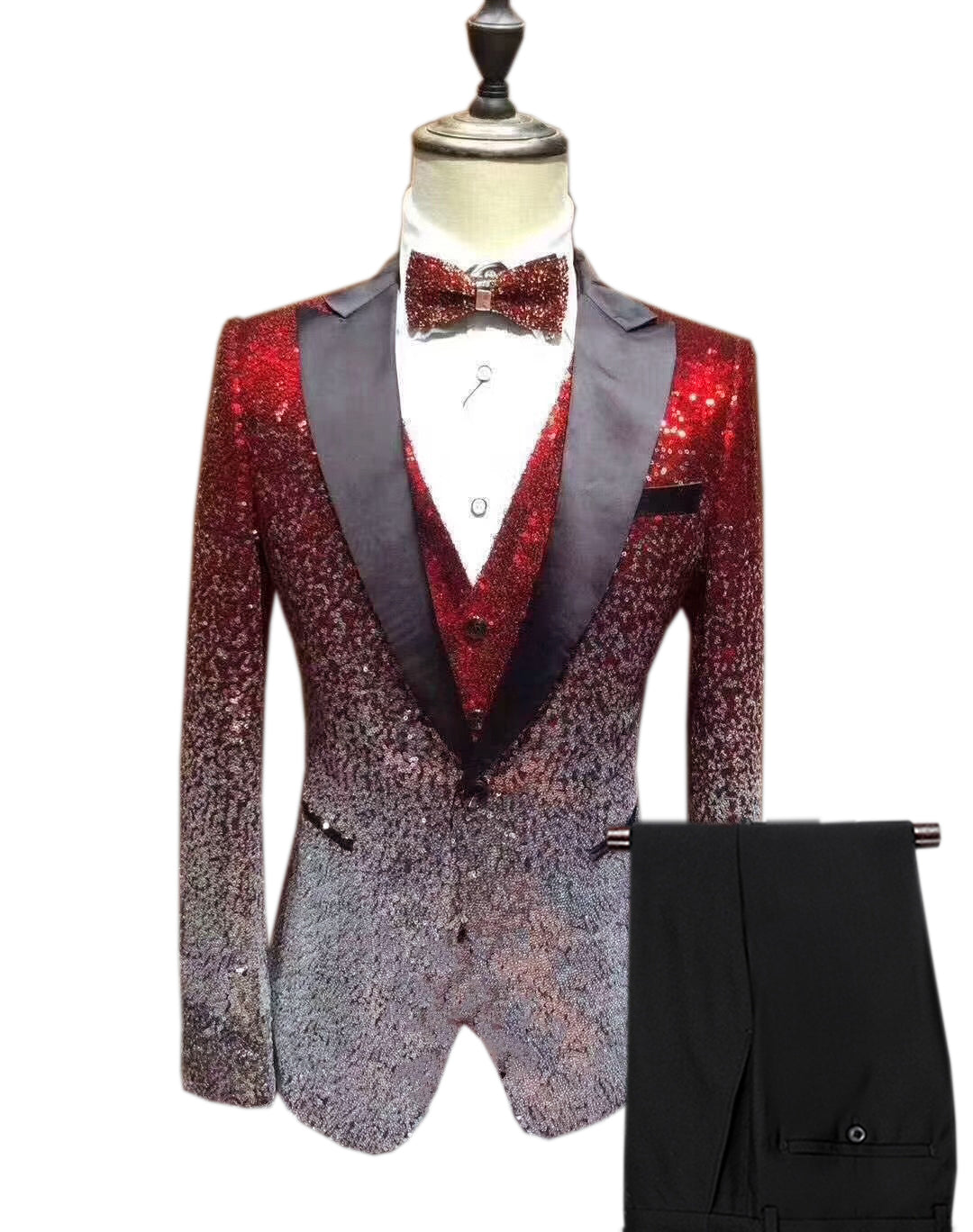 Men's Fashion Gradient Sequined Tuxedo Suit Peak lapel Men's Suit (Blazer + Vest + Pants) mens event wear